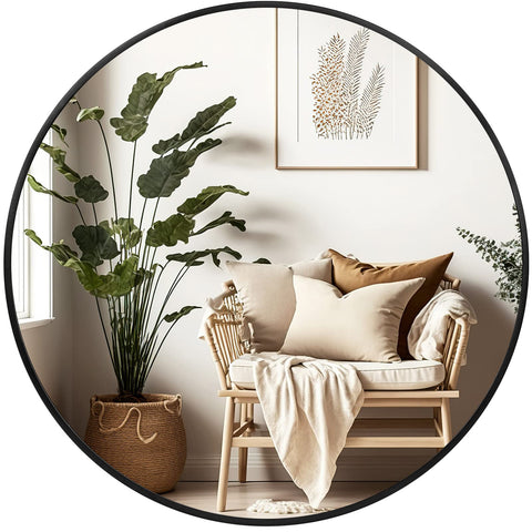 Fabuday black round mirror front view shows clean lines and modern look