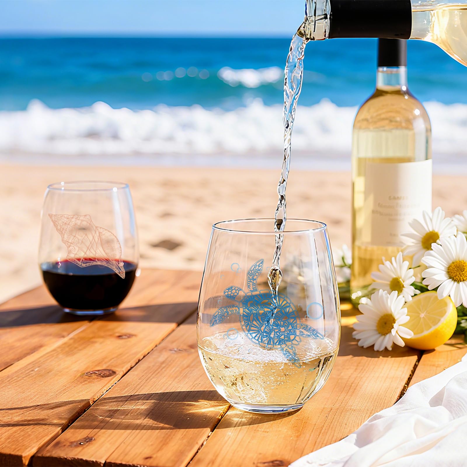 FACOYANS glasses on beach table showing coastal style for outdoor entertaining