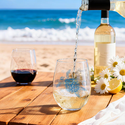 FACOYANS glasses on beach table showing coastal style for outdoor entertaining