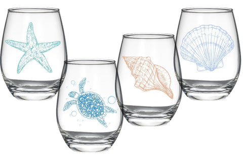 FACOYANS front view of four glasses showing ocean designs and versatile use