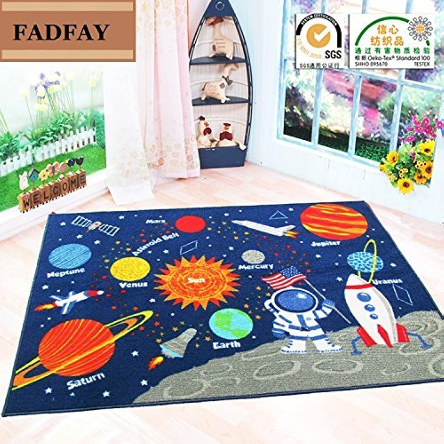 FADFAY outer space rug front view showing bright astronaut print and overall design benefit playful decor