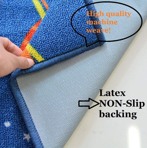 FADFAY rug placed in a child's room demonstrating colorful space theme and cozy play area