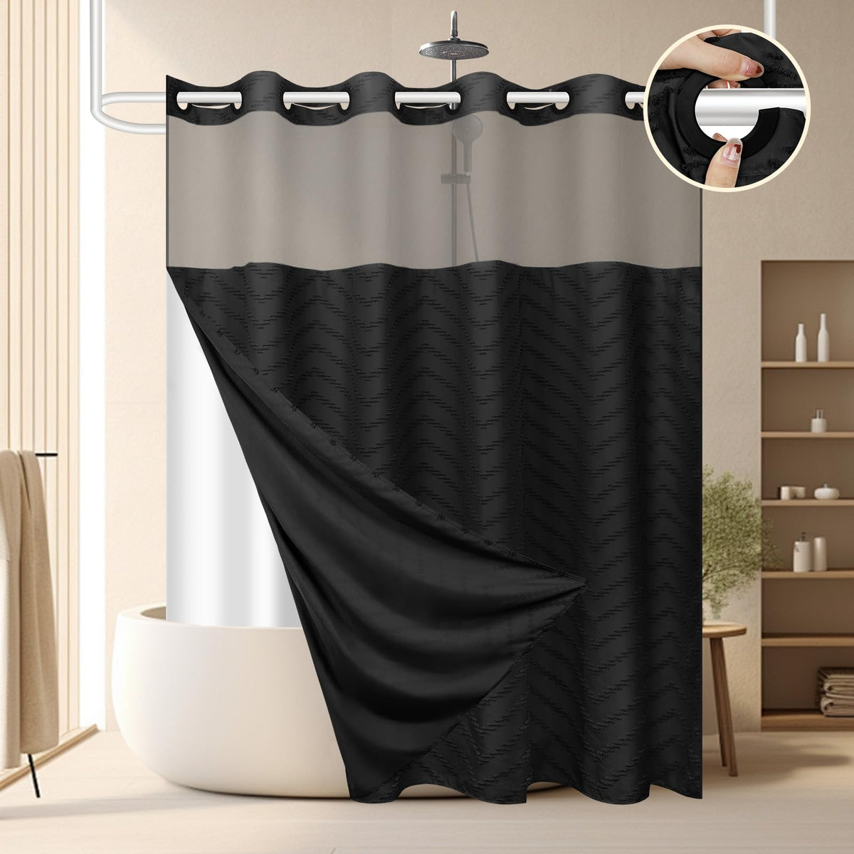 FADOTY front view showing full black curtain and no-hook rings for quick setup
