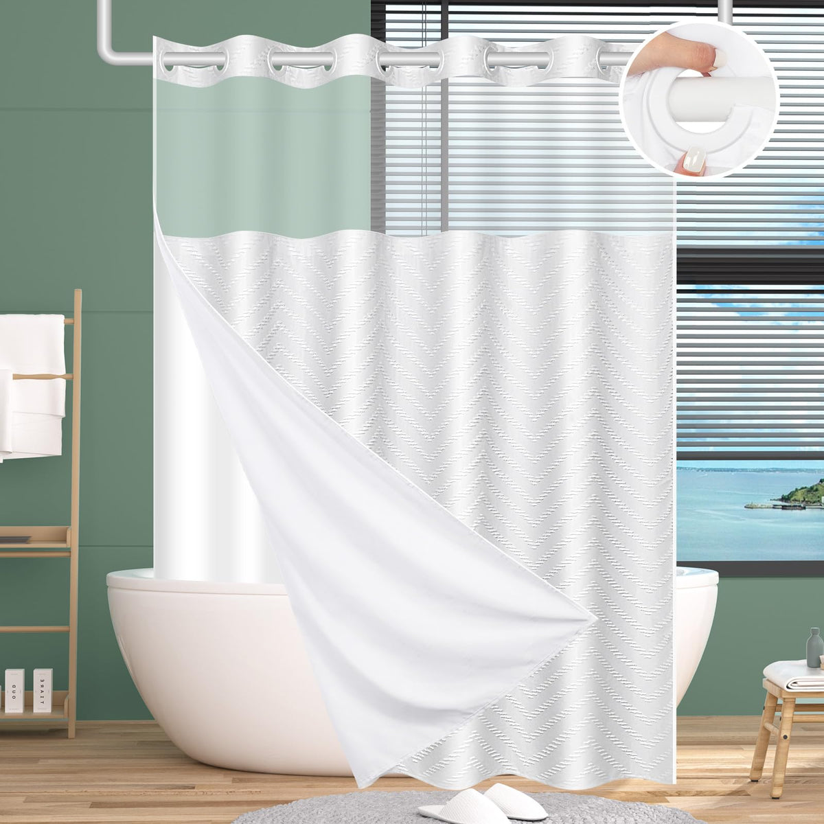 FADOTY front view showing curtain hem and tufted chevron, elegant bathroom upgrade