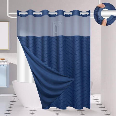 FADOTY front view of blue shower curtain with built-in rings for fast hanging