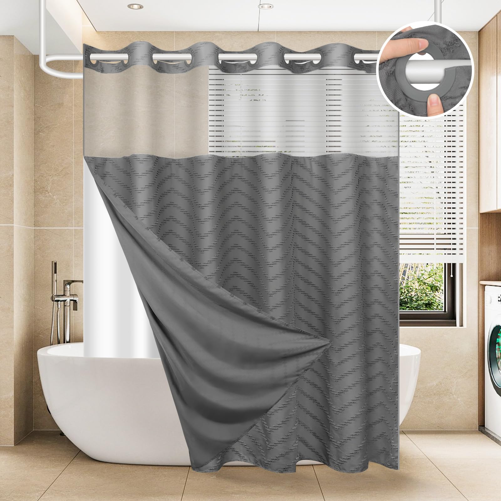 FADOTY front view of grey no-hook shower curtain showing full fit and neat finish