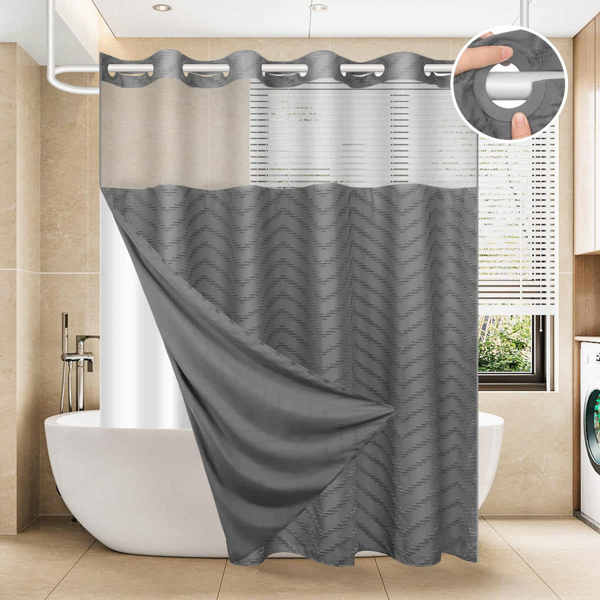 FADOTY front view of grey no-hook shower curtain showing full fit and neat finish