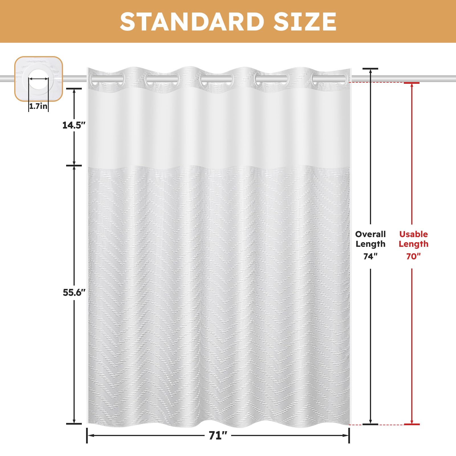 FADOTY curtain beside towel to show size and fit for standard showers