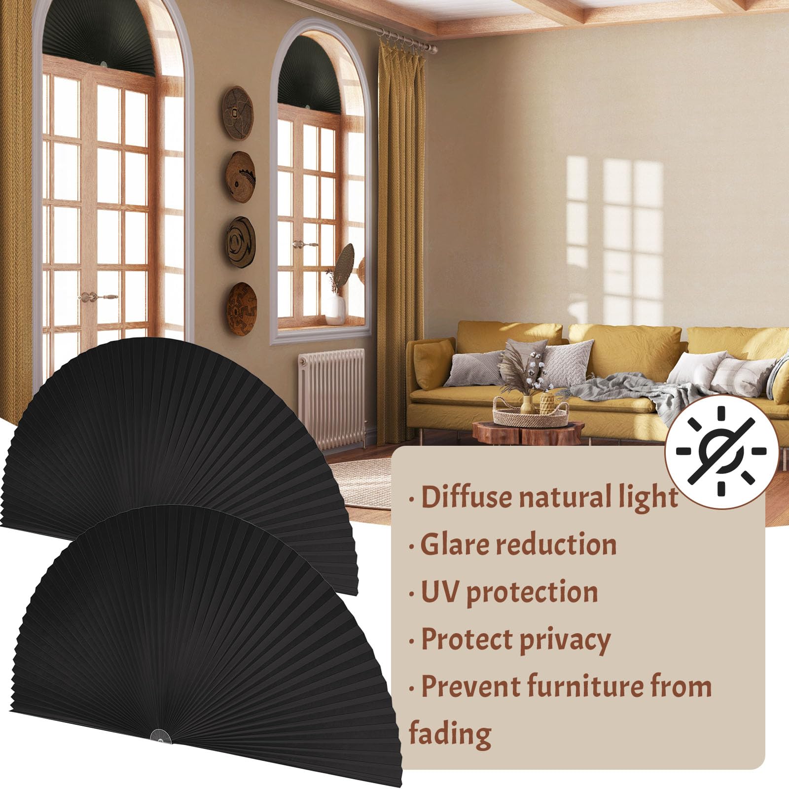 Fainne mounted shade in living room arch window, softening sunlight and reducing glare