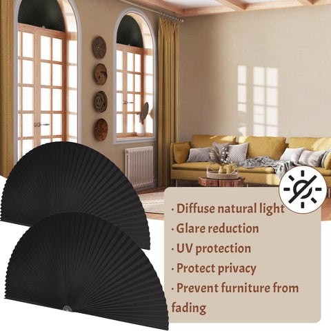 Fainne mounted shade in living room arch window, softening sunlight and reducing glare