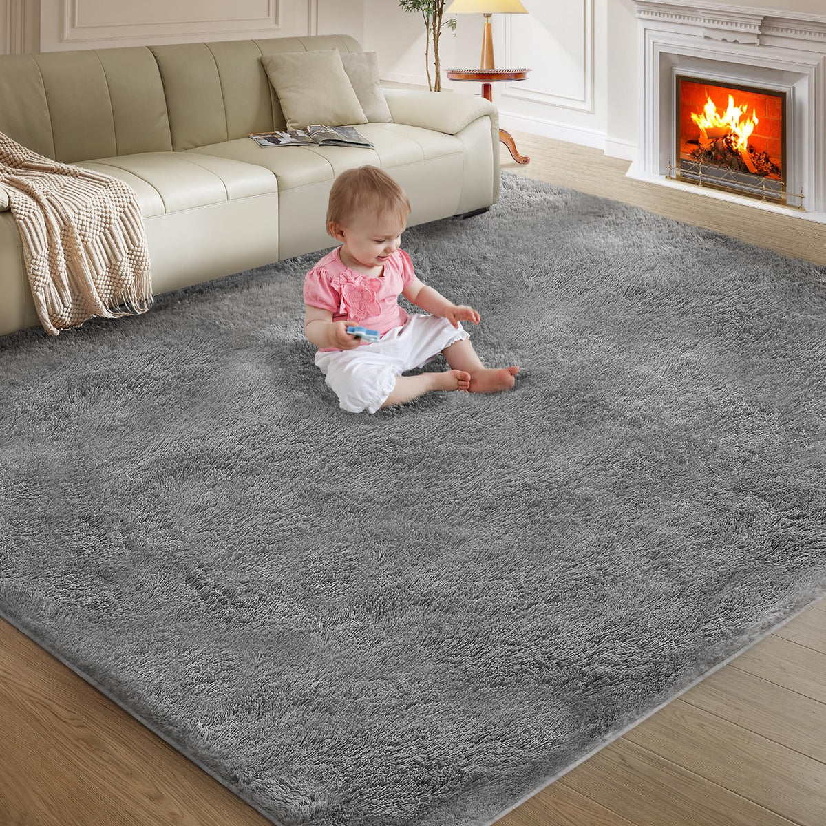 Fairblink front view of 5x8 grey shag rug showing modern style and soft comfort
