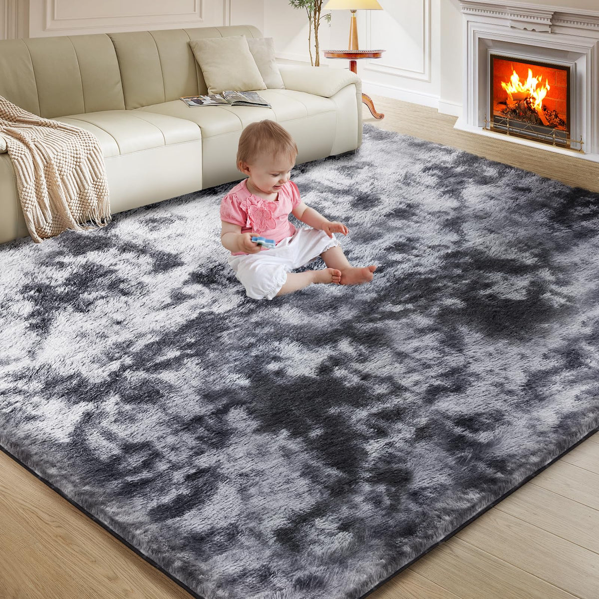 Fairblink front view 5x8 tie-dye rug adds modern texture and warmth
