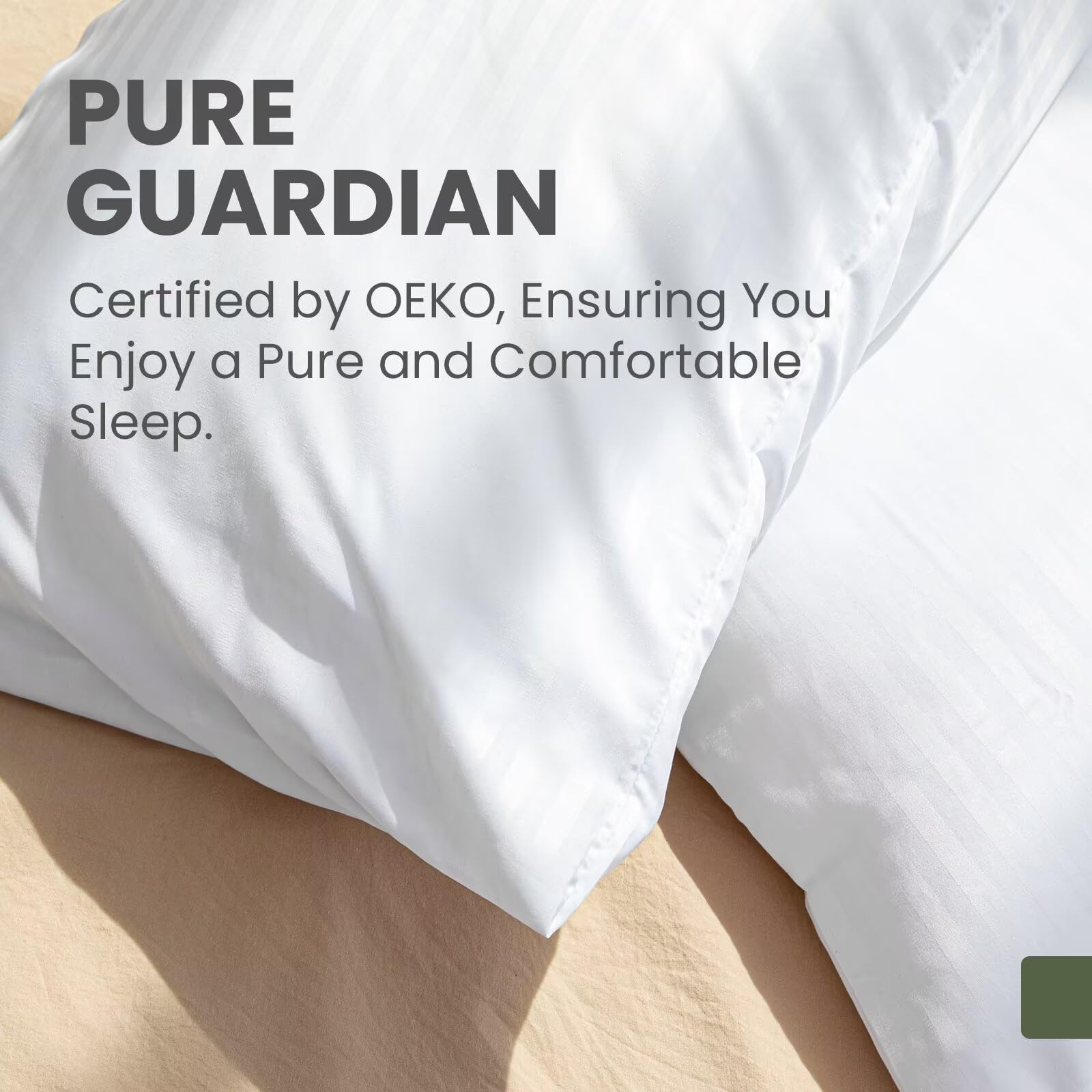 Fairpeak protector fitted on king pillow showing correct 20x36 inch scale benefit