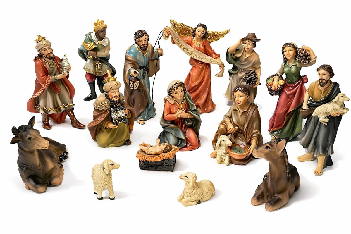 Faithful Treasure complete 15-piece set front view showing compact tabletop nativity