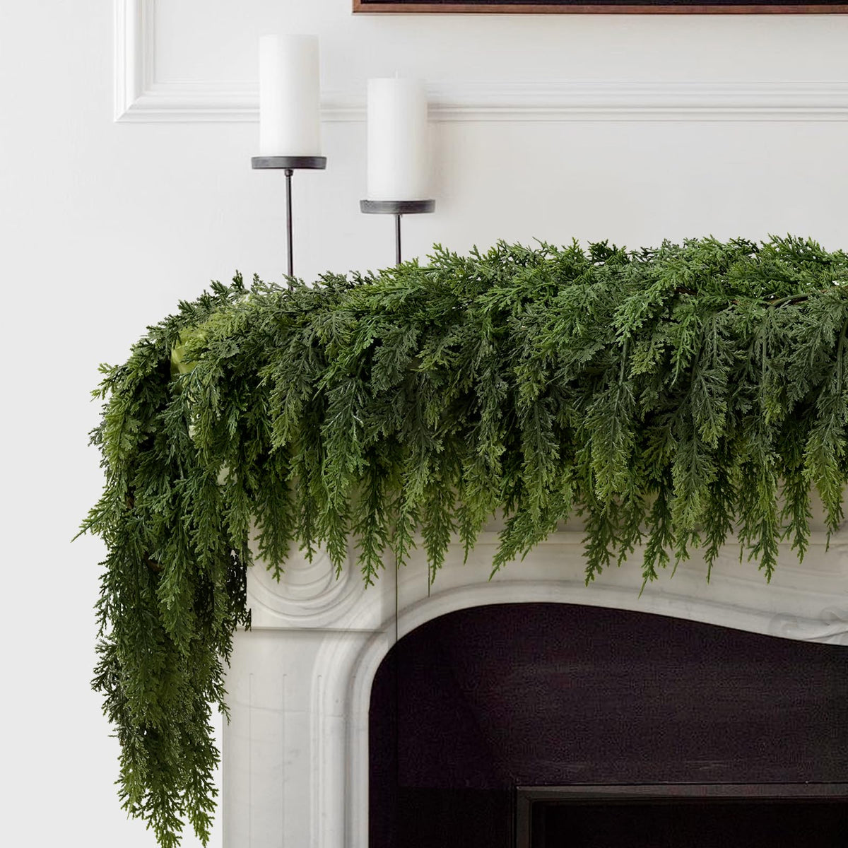 FAJUNZH garland draped on mantel showing full lush look and instant holiday boost