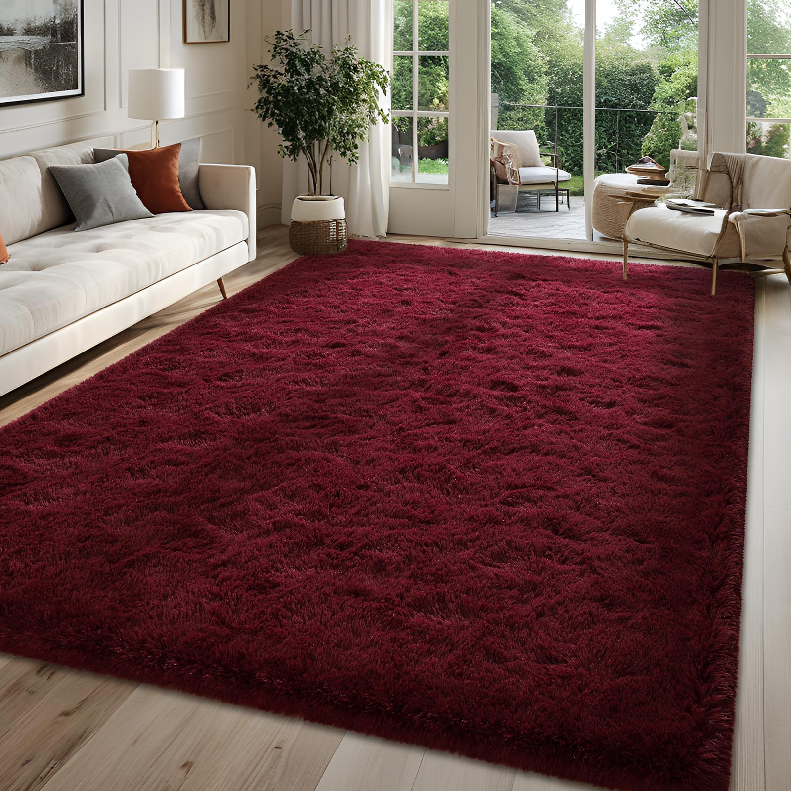 FALARK front view of burgundy red area rug showing full color and edges