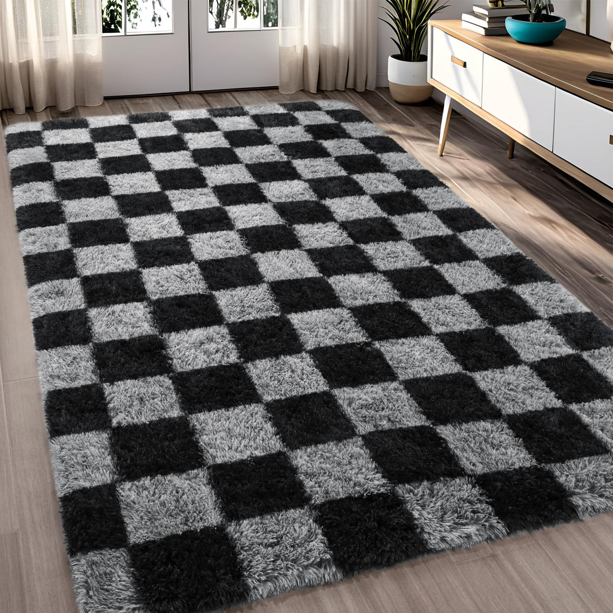 FALARK front view of black and grey checkered rug showing pattern and size benefits