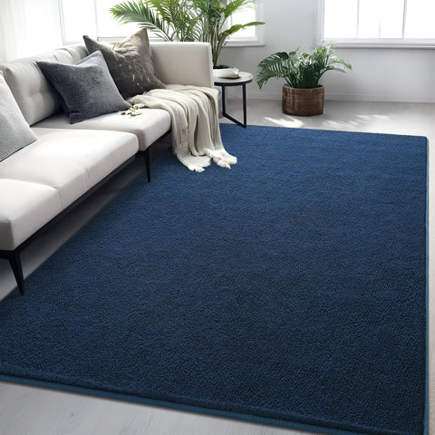 FALARK front view navy blue rug showing clean minimalist styling and cozy look