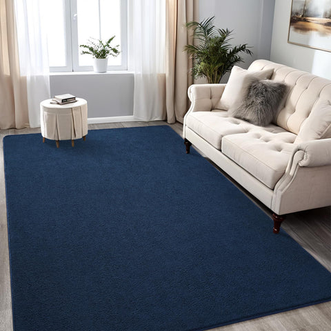 FALARK staged living room with navy rug adding modern warmth and style