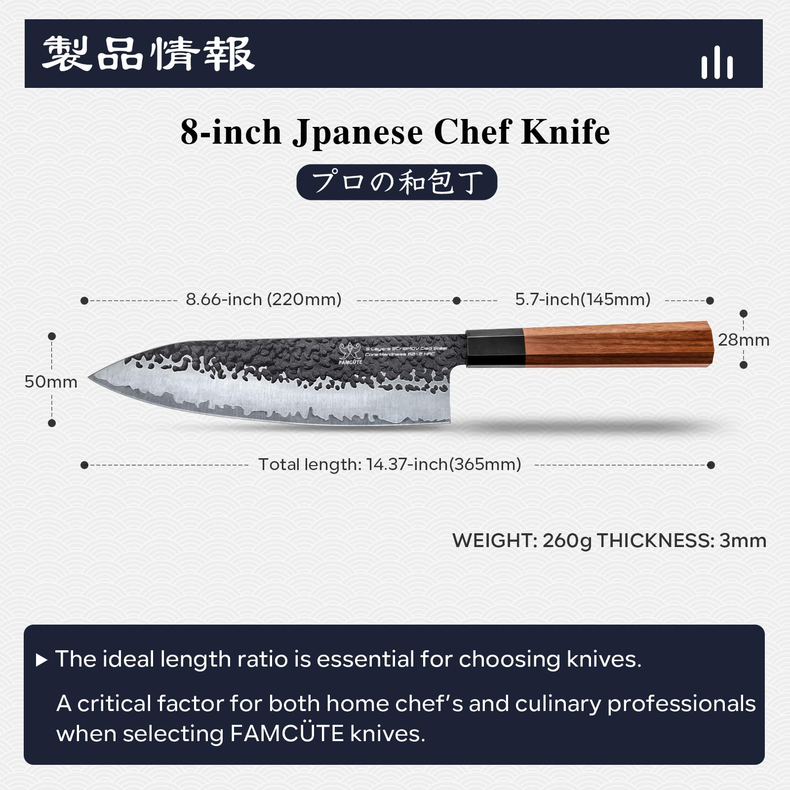 FAMCÜTE blade edge closeup showing fine grind for clean slicing benefit