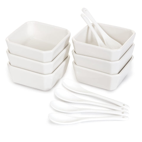 FAMHH front view of six bowls and six spoons showing clean aesthetic and versatility