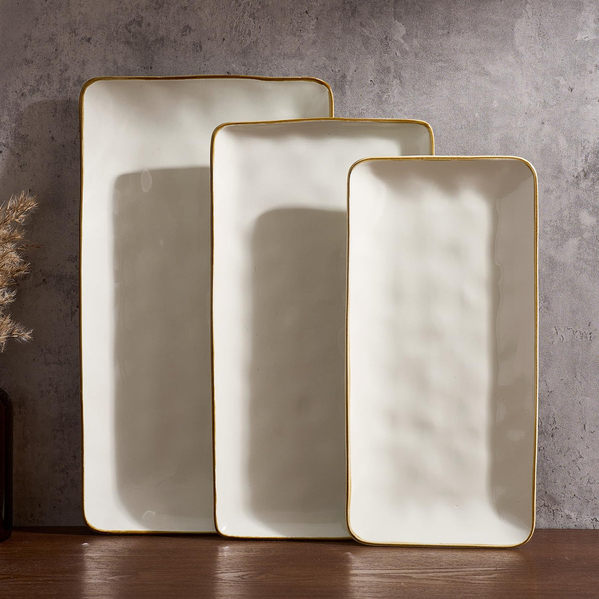 famiware front view of three rectangular platters, elegant serving solution