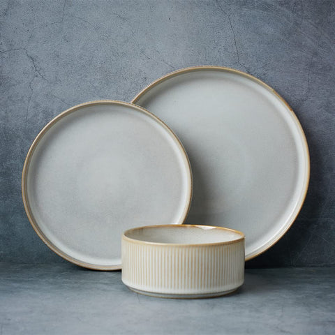 famiware front view showing full 12-piece set and artistic reactive glaze benefit: unique table presence