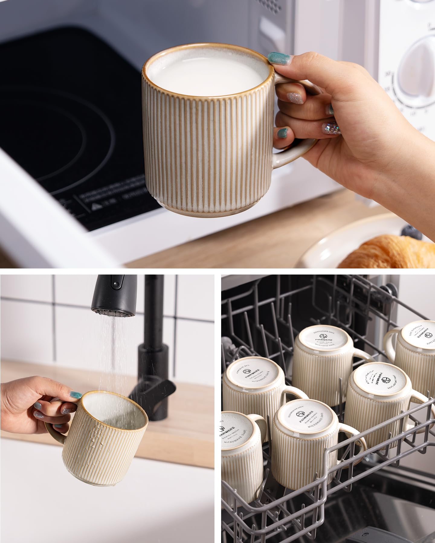famiware microwave-safe label on mug base, indicates reheating convenience
