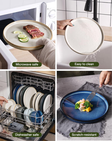 famiware size comparison with hand next to plate, illustrates generous 10-inch dinner plate benefit
