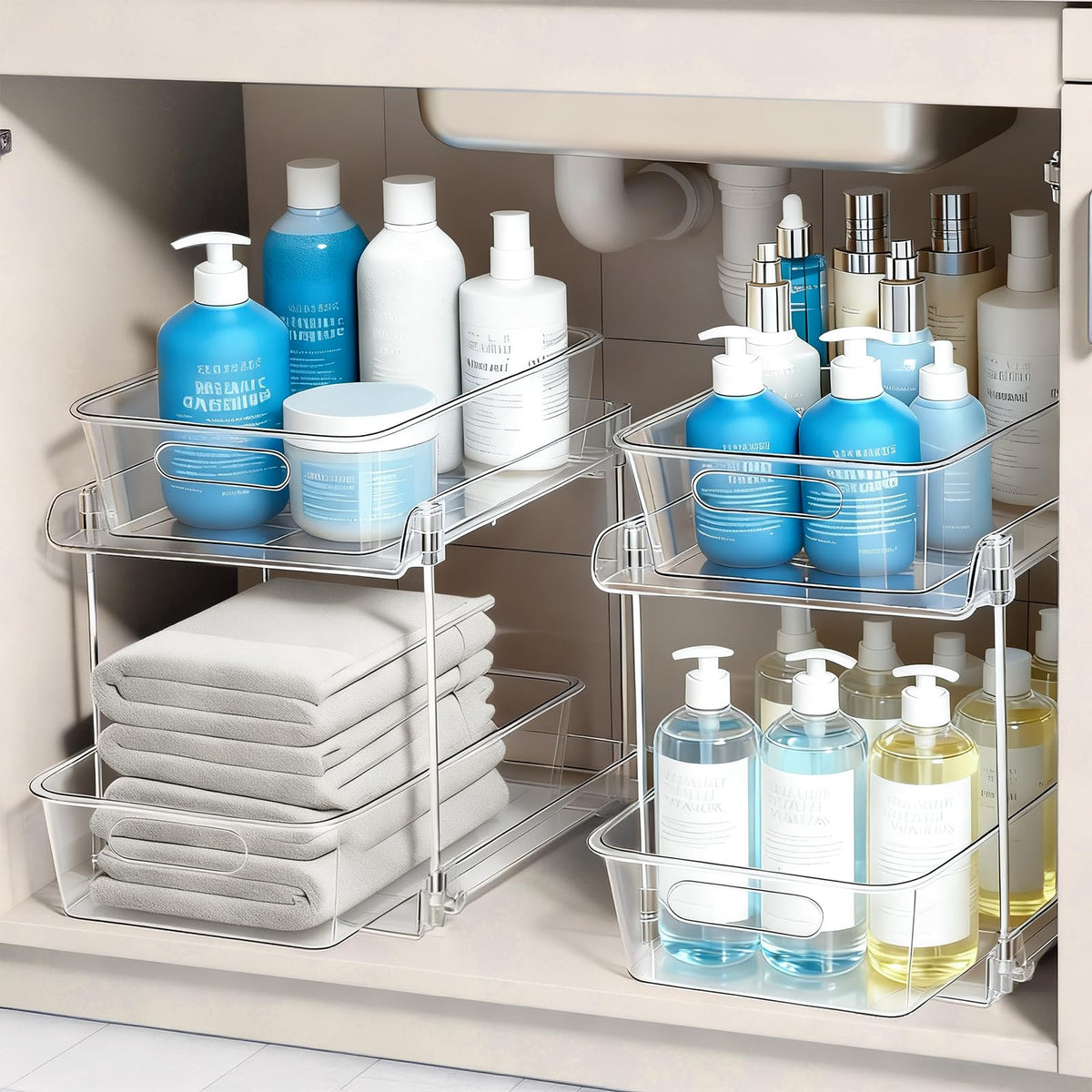 FAMOVELL front view showing clear two-tier organizer and neat drawers for quick access