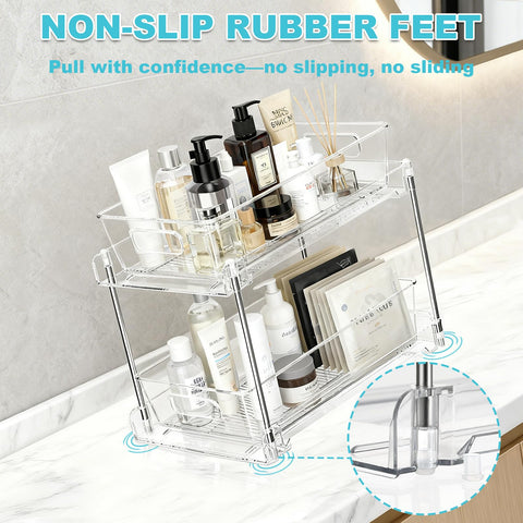 FAMOVELL organizer in-use under bathroom sink keeping toiletries visible and tidy