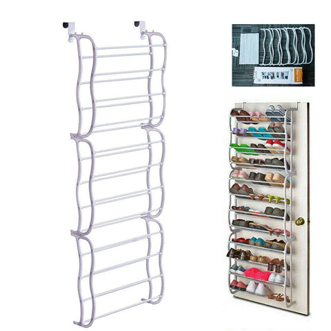Fancy Buying front view showing entire 36-pair hanging shoe rack and space-saving benefit