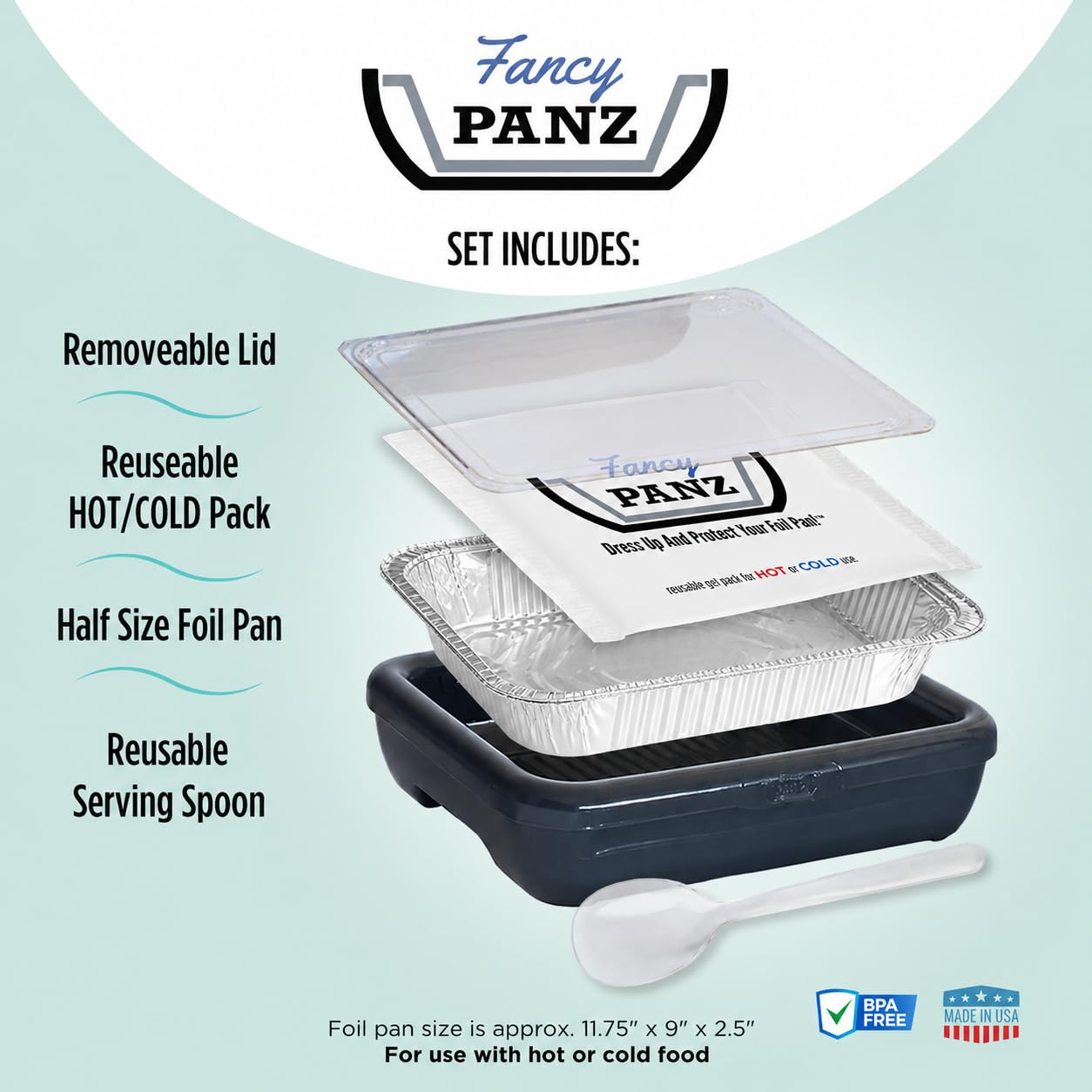Fancy Panz Charcoal gel pack placed beneath pan to help keep food temperature
