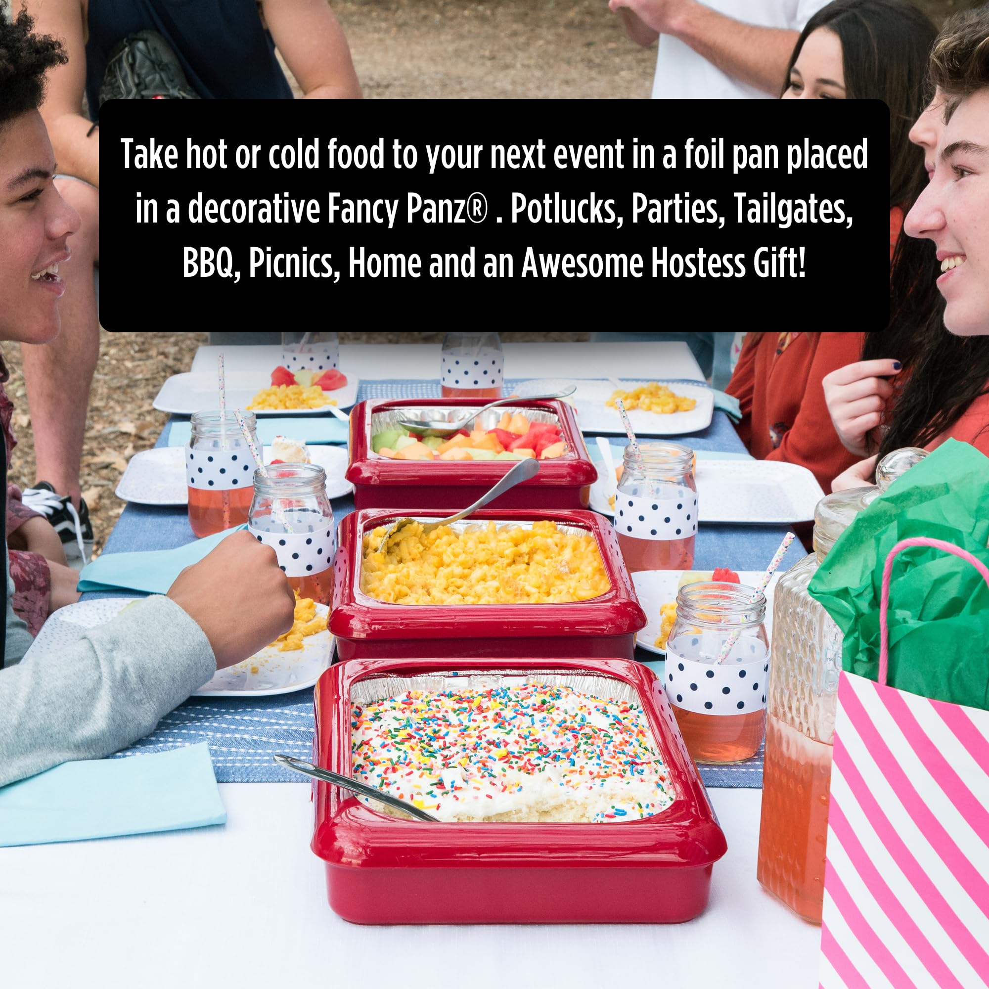 Fancy Panz in use at a picnic showing protected food and outdoor convenience benefit