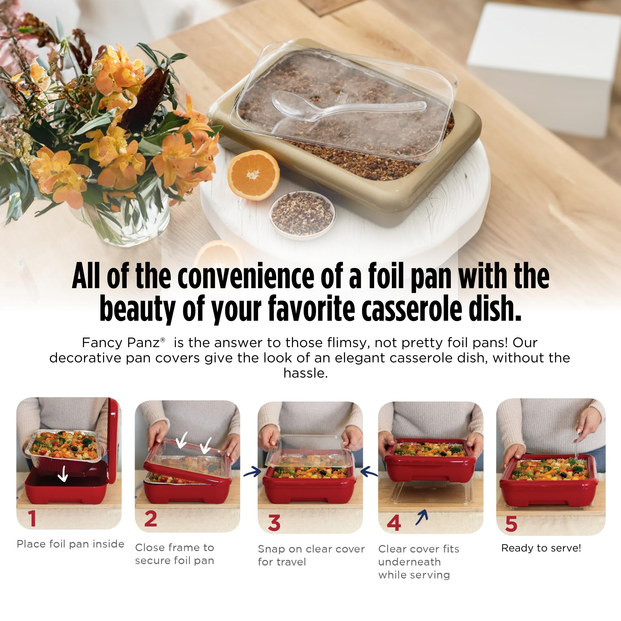 Fancy Panz open with foil pan inside showing secure fit and easy transport benefit