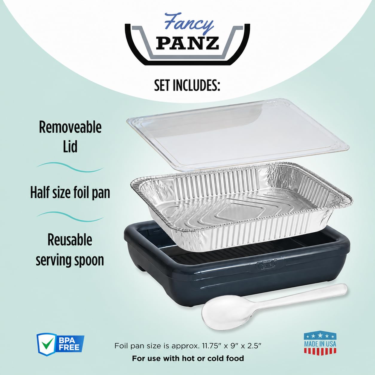 Fancy Panz holding a half-size foil pan showing stable support and presentation