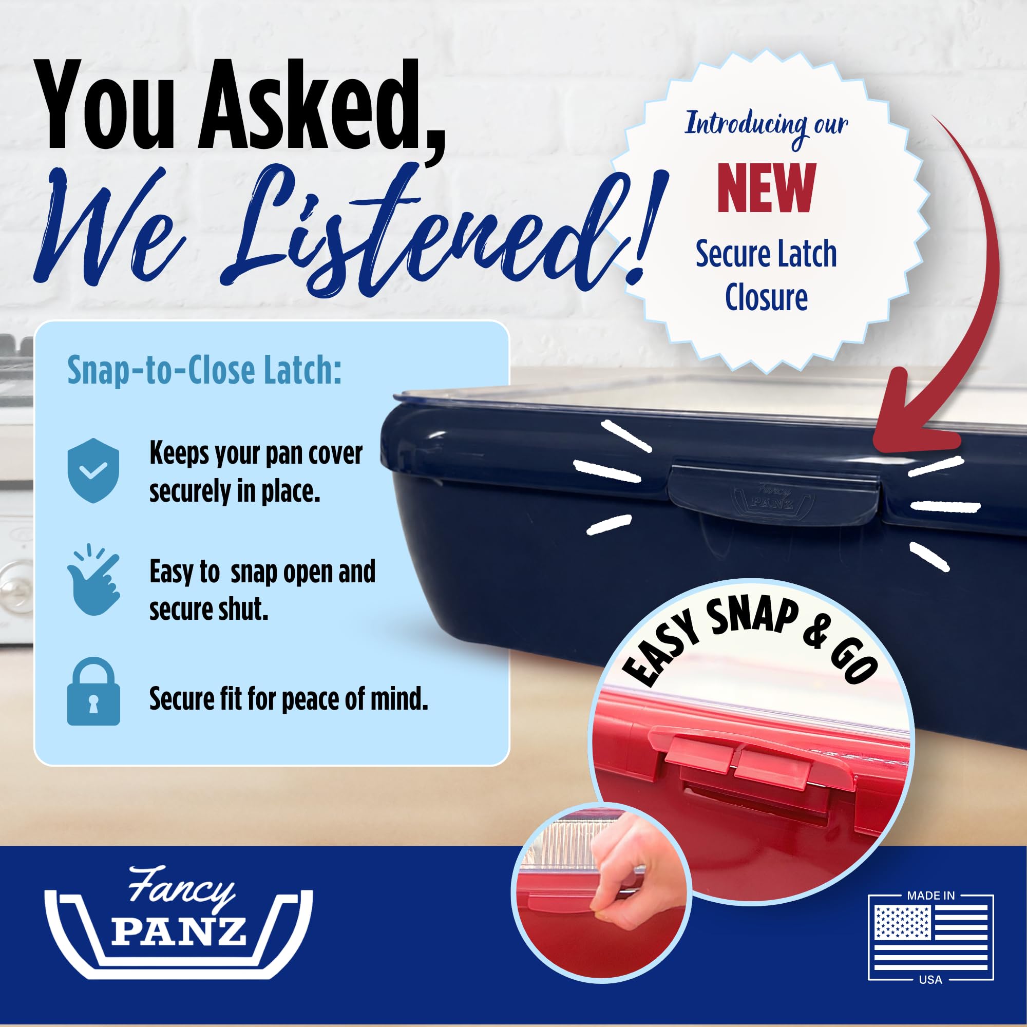 Fancy Panz navy clear lid closeup illustrating protective cover that keeps food clean
