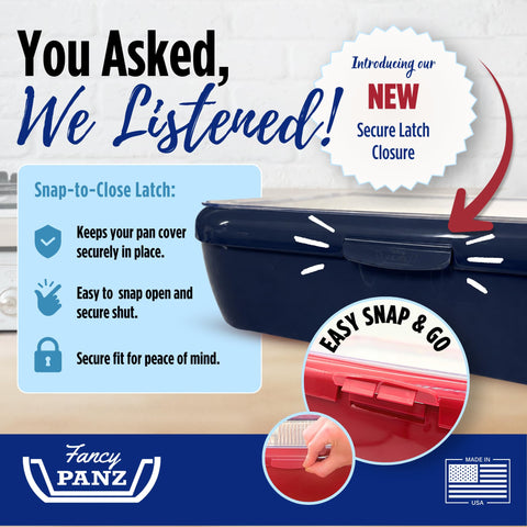 Fancy Panz navy clear lid closeup illustrating protective cover that keeps food clean