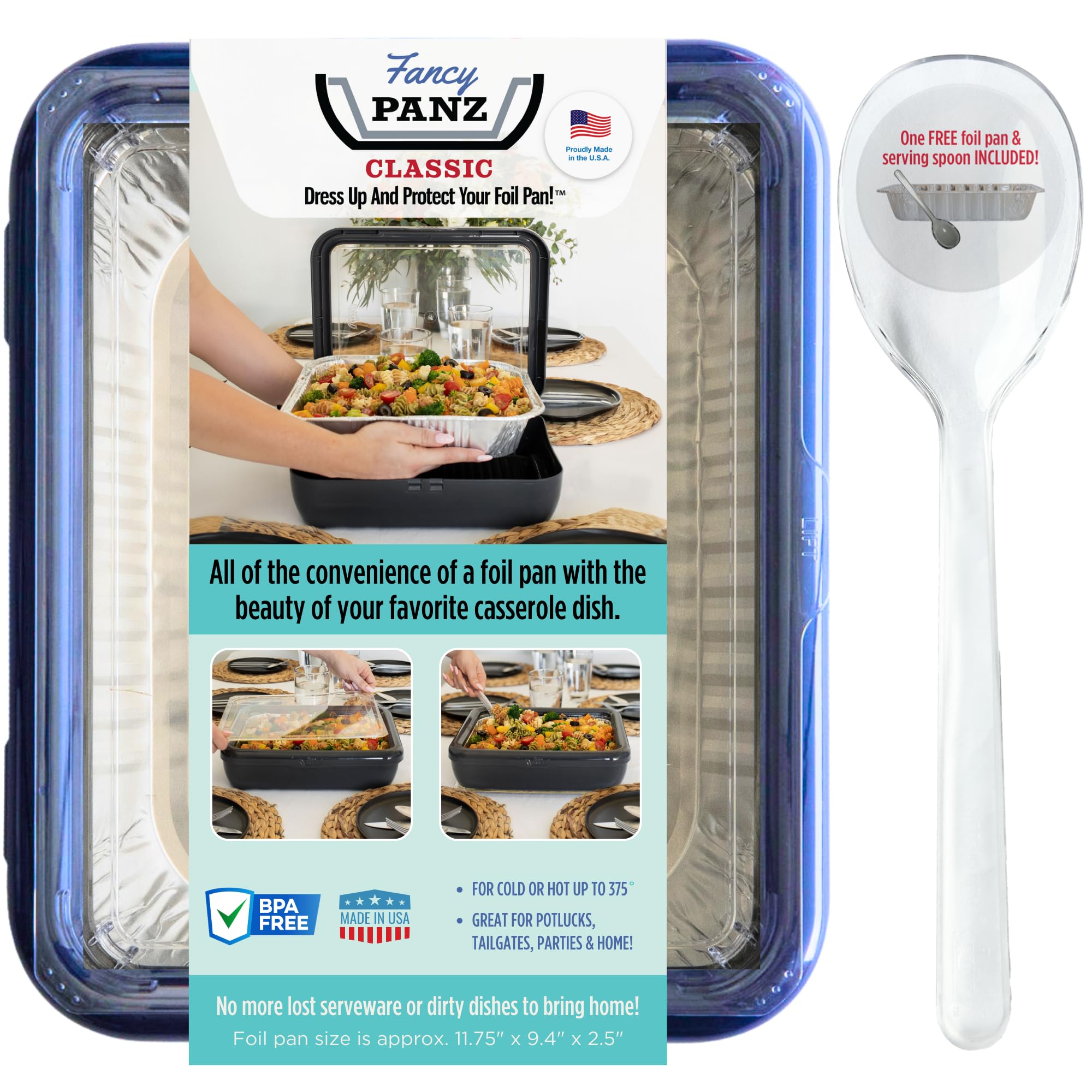 Fancy Panz navy front packaging showing branded reusable foil pan holder benefit presentation