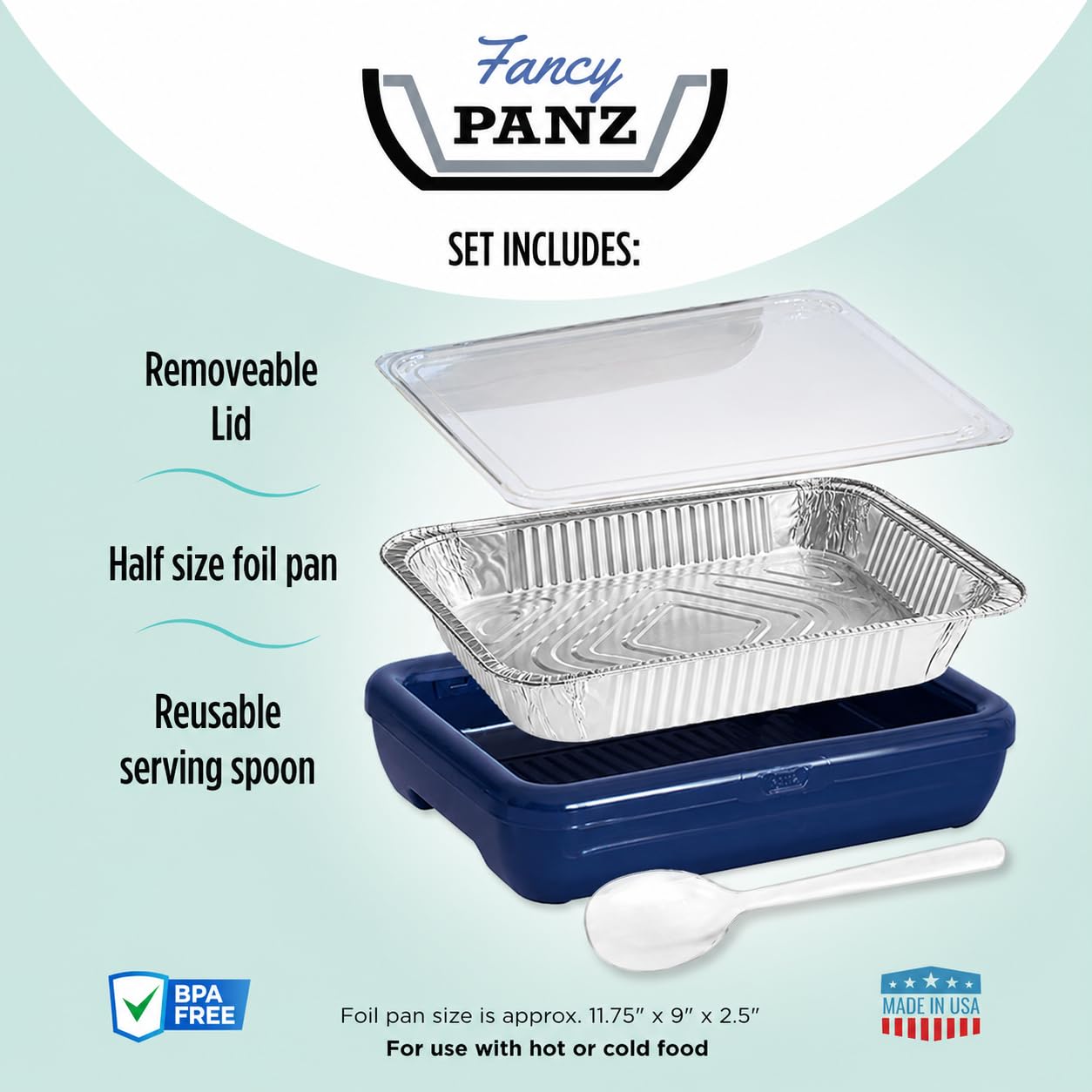Fancy Panz navy fitted with half‑size foil pan demonstrating secure transport stability