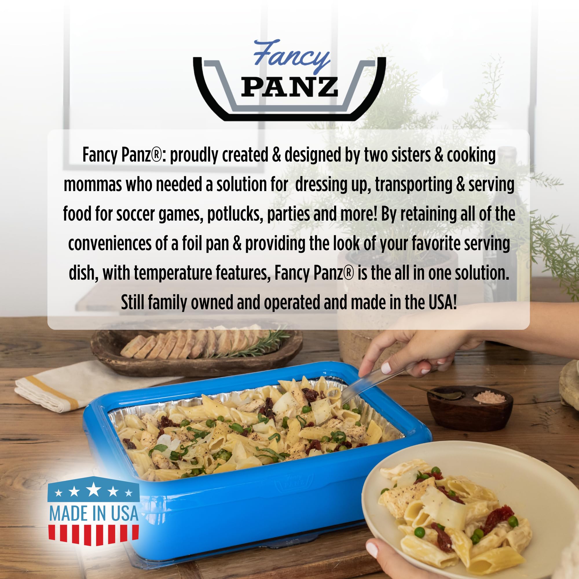 Fancy Panz beside a ruler showing dimensions and fit for half-size foil pan