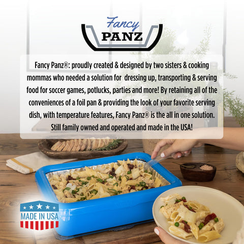 Fancy Panz beside a ruler showing dimensions and fit for half-size foil pan