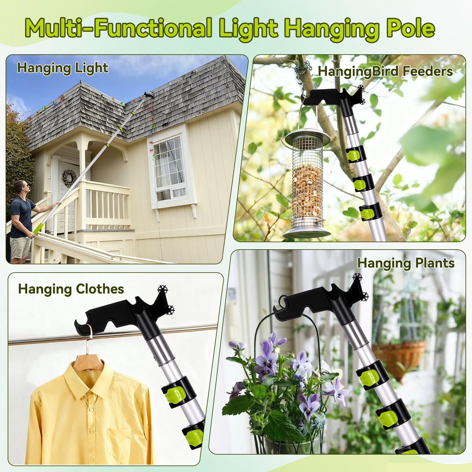 FancyEagle pole in use hanging lights showing safer ground-based decorating