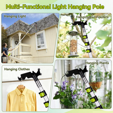 FancyEagle pole in use hanging lights showing safer ground-based decorating