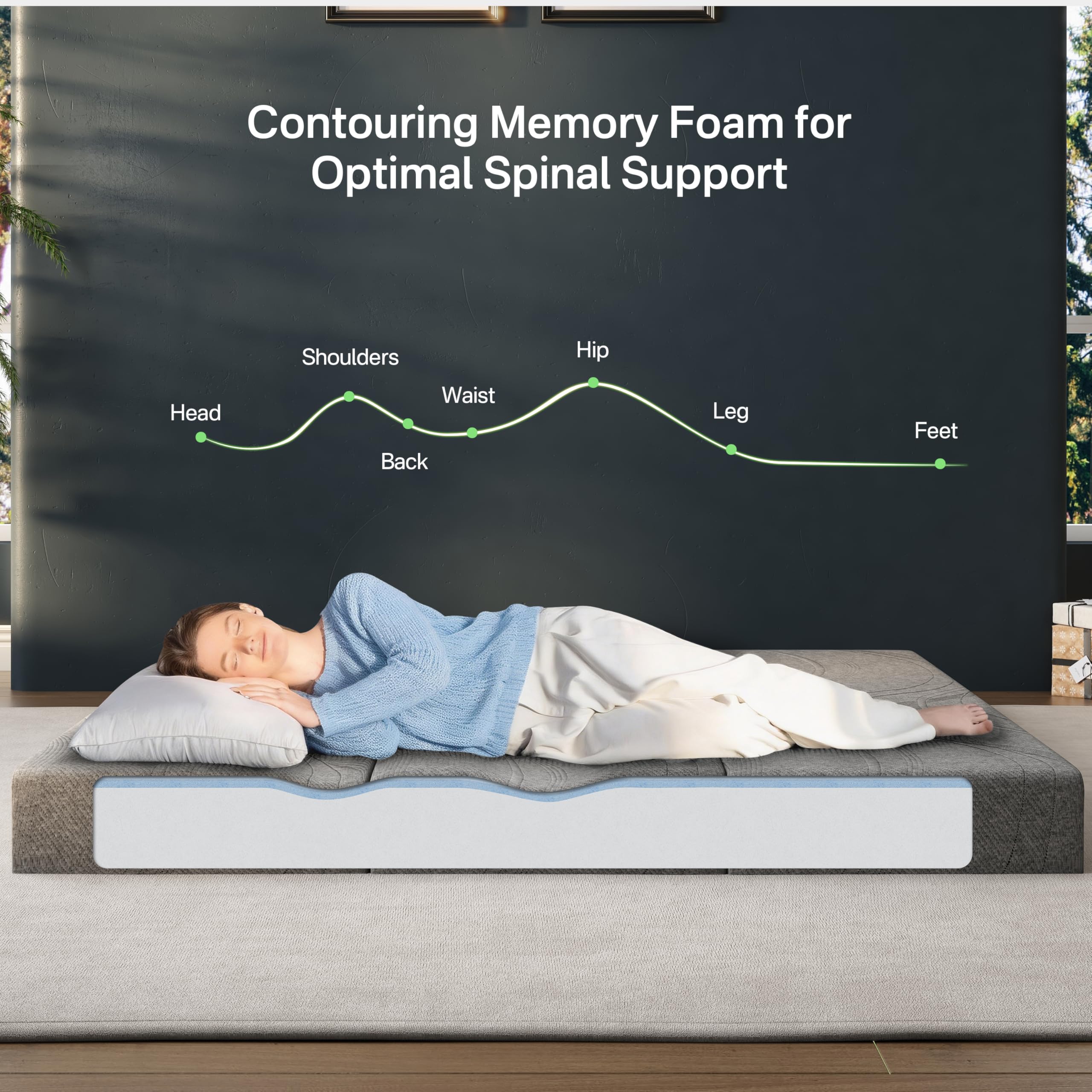 Fancylion expanded mattress side profile showing 6-inch supportive foam thickness