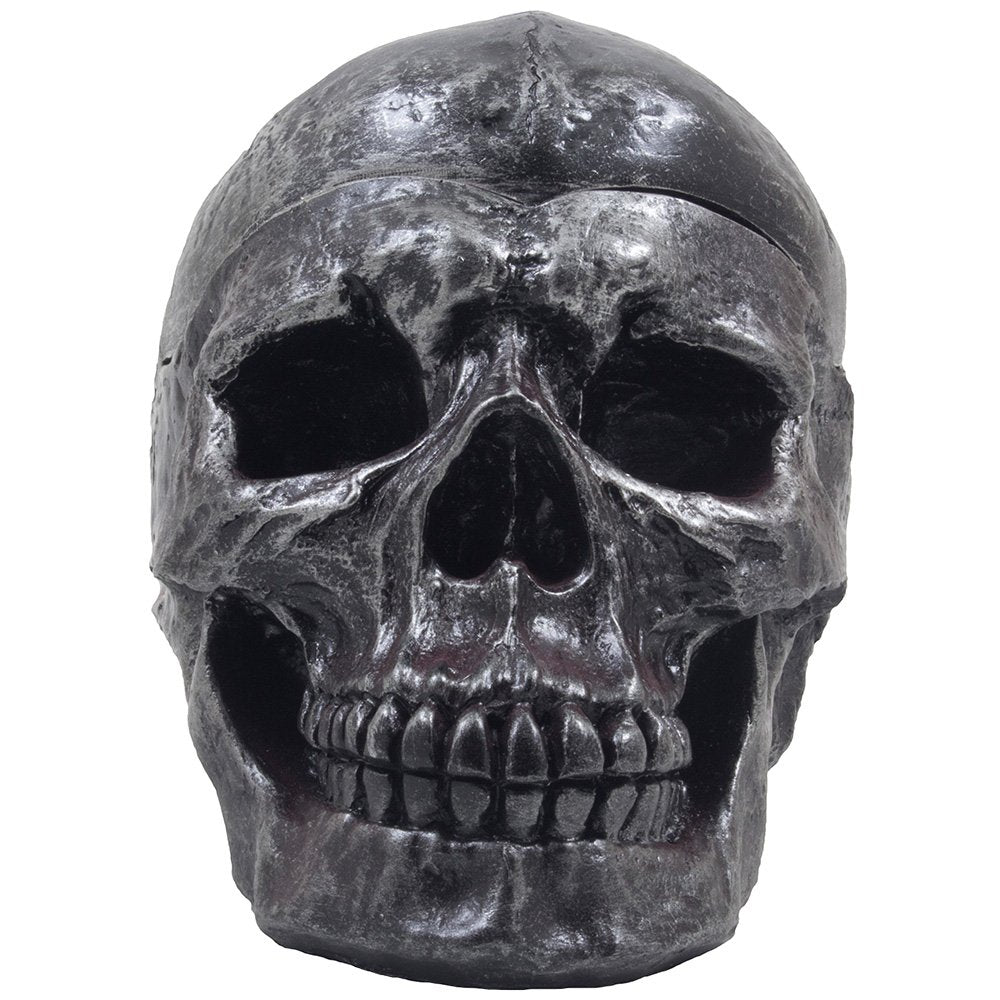 Fane skull ashtray on tabletop with cover removed showing discreet ash containment