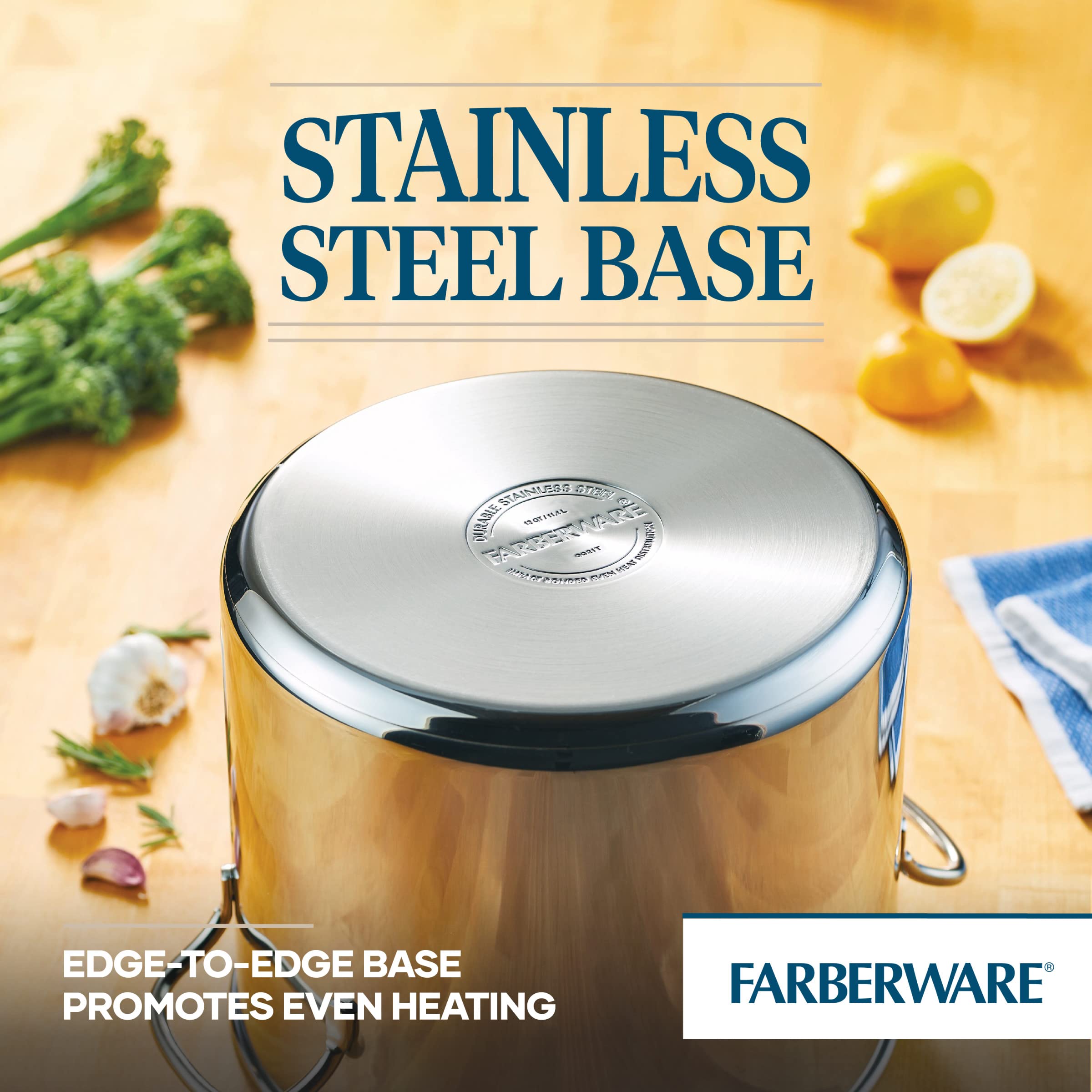 Farberware stock pot in kitchen with pasta, demonstrating entertaining use