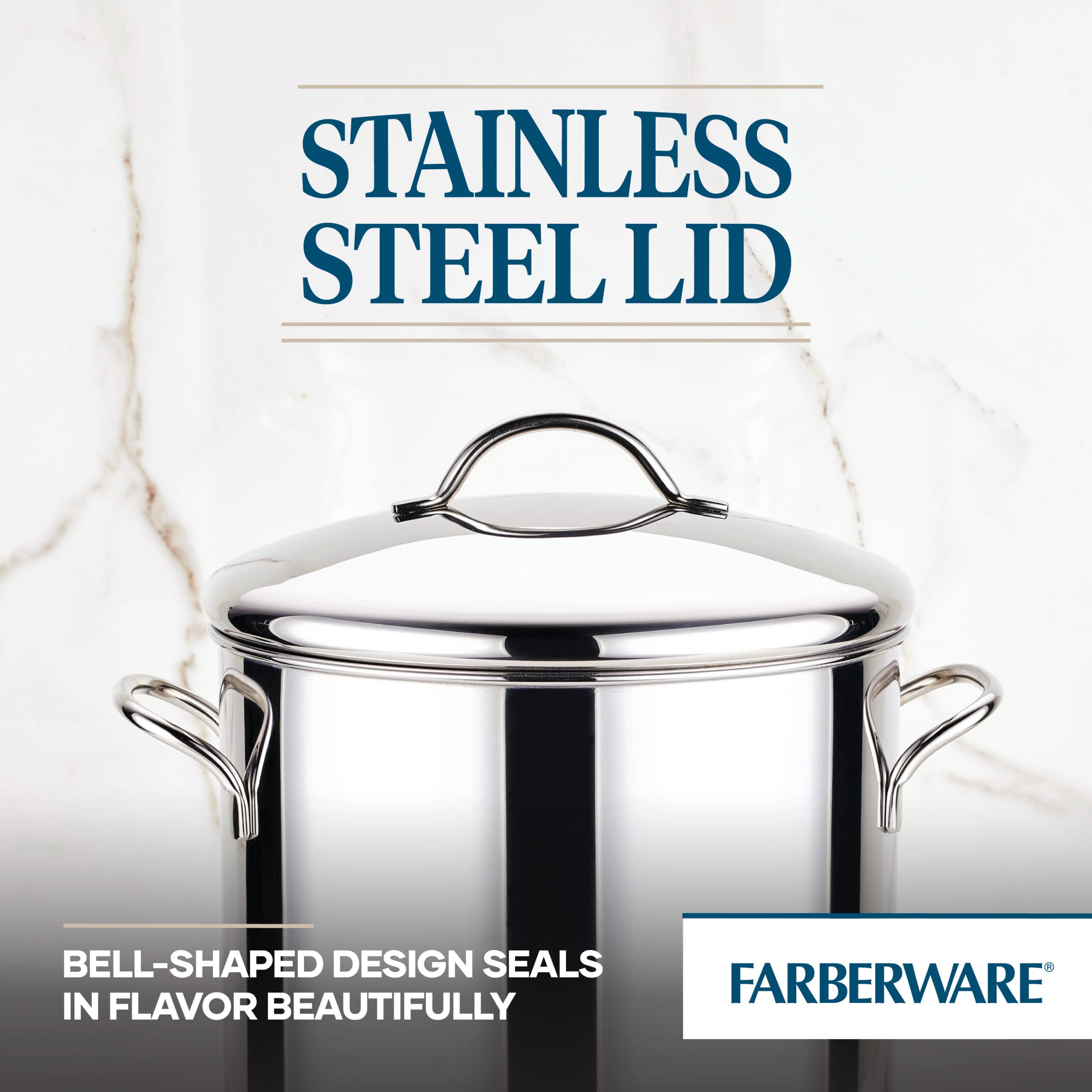 Farberware stock pot next to measuring cup showing true 12-quart scale