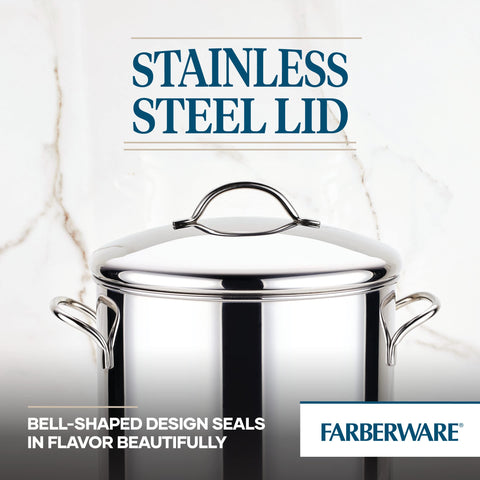 Farberware stock pot next to measuring cup showing true 12-quart scale