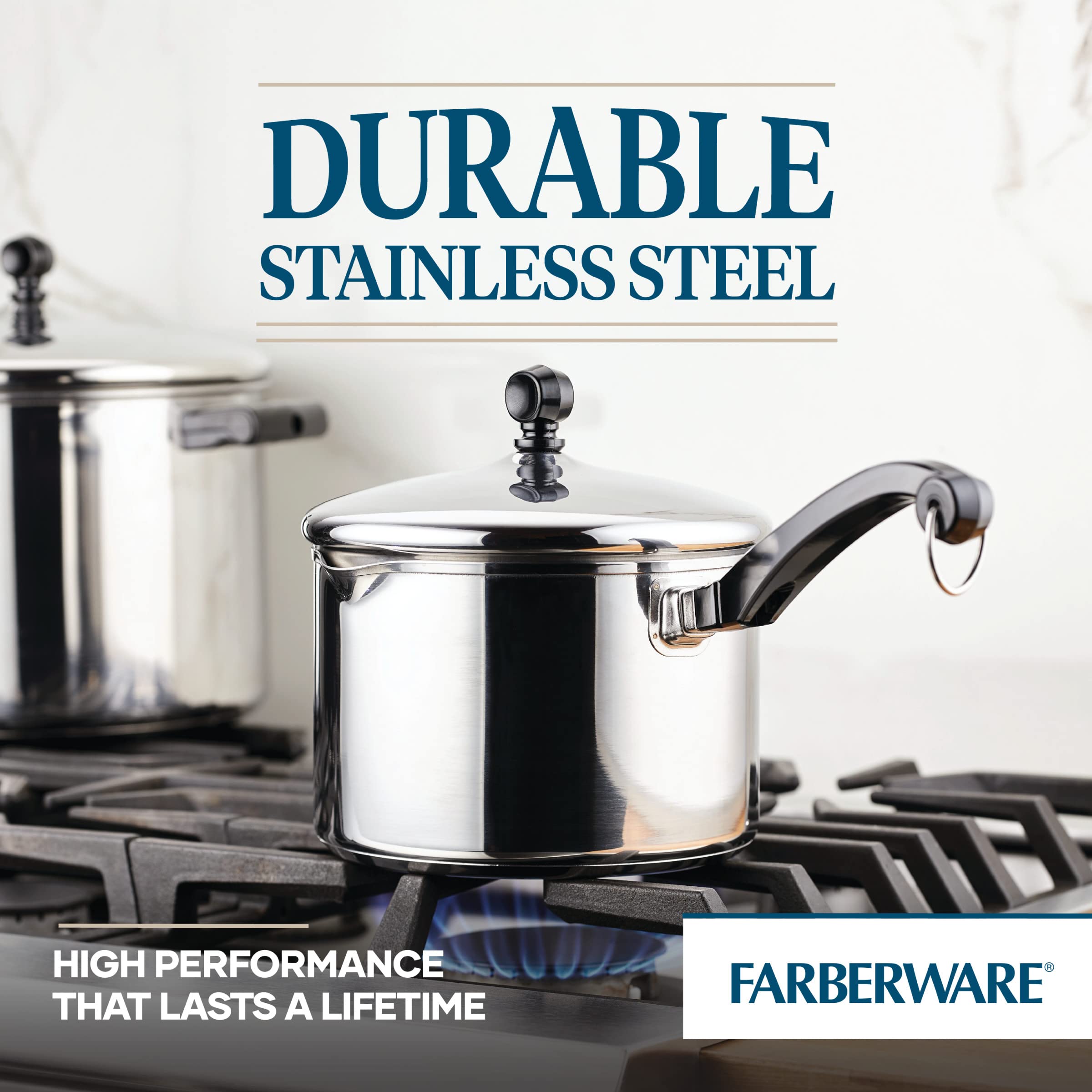 Farberware draining pasta into sink using lid strainer to eliminate separate colander